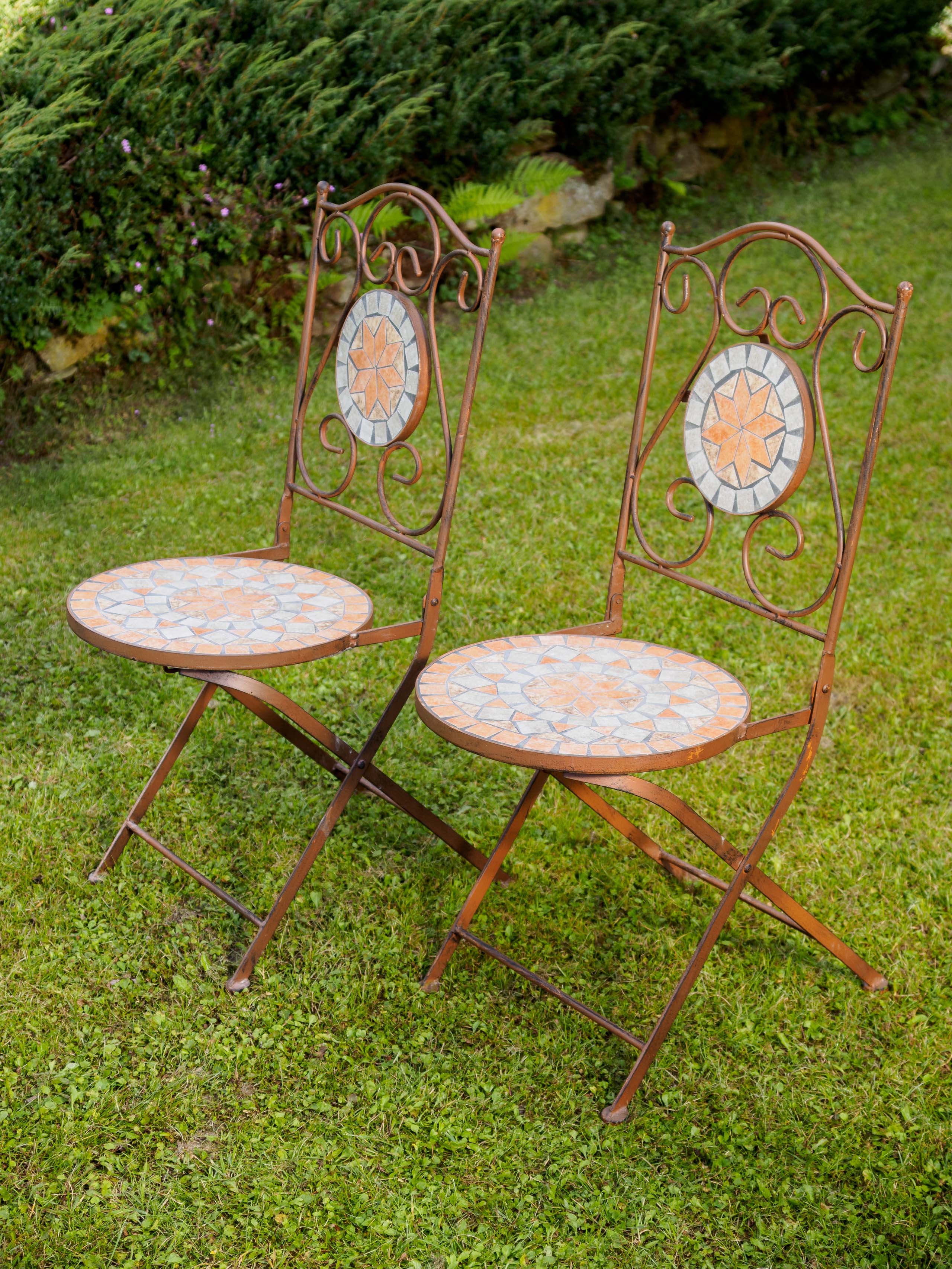 Garnitur Gartentisch 2 Stühle Eisen Fliesen Mosaik Garten Tisch Stuhl Antik-Stil 
