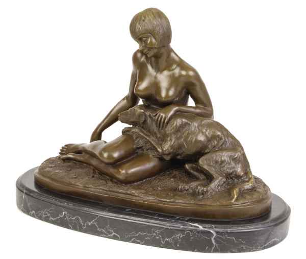 Bronzeskulptur Frau Hund im Antik-Stil Bronze Figur Statue 37cm