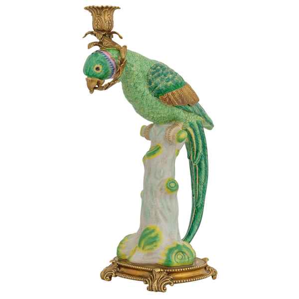 Kerzenständer Papagei Vogel Skulptur Porzellan Messing Antik-Stil 42cm