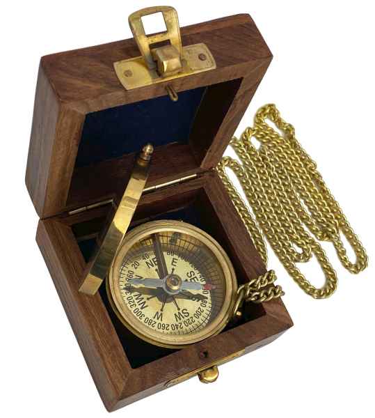 Altmessing Navigation Arretierbar Navi Holzbox Kompass Schiffskompass Bronze 