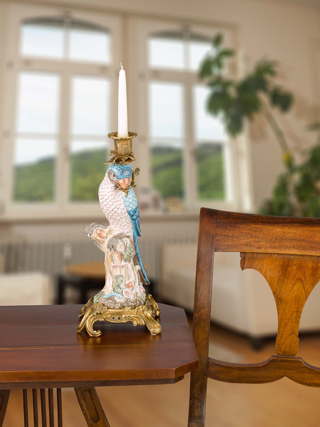 Kerzenhalter Kerzenständer Papagei Porzellan Skulptur Antik-Stil 36cm
