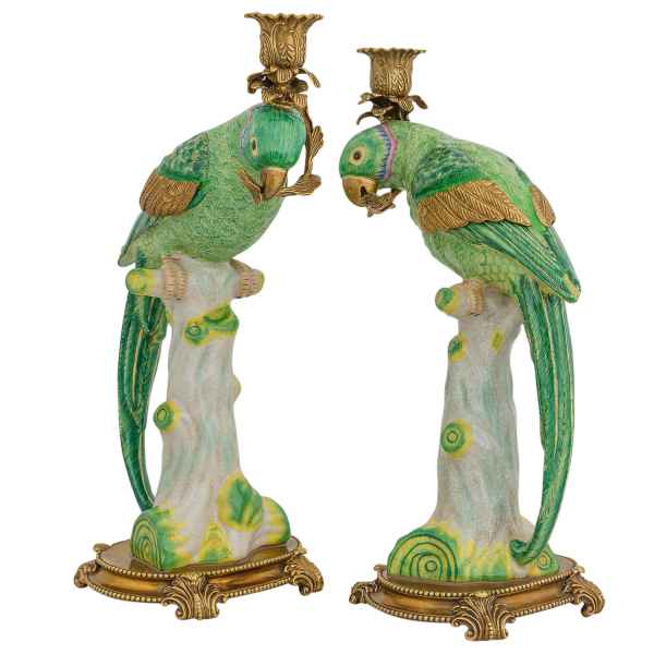 Paar Kerzenhalter Kerzenständer Papagei Porzellan Skulptur Antik-Stil 42cm