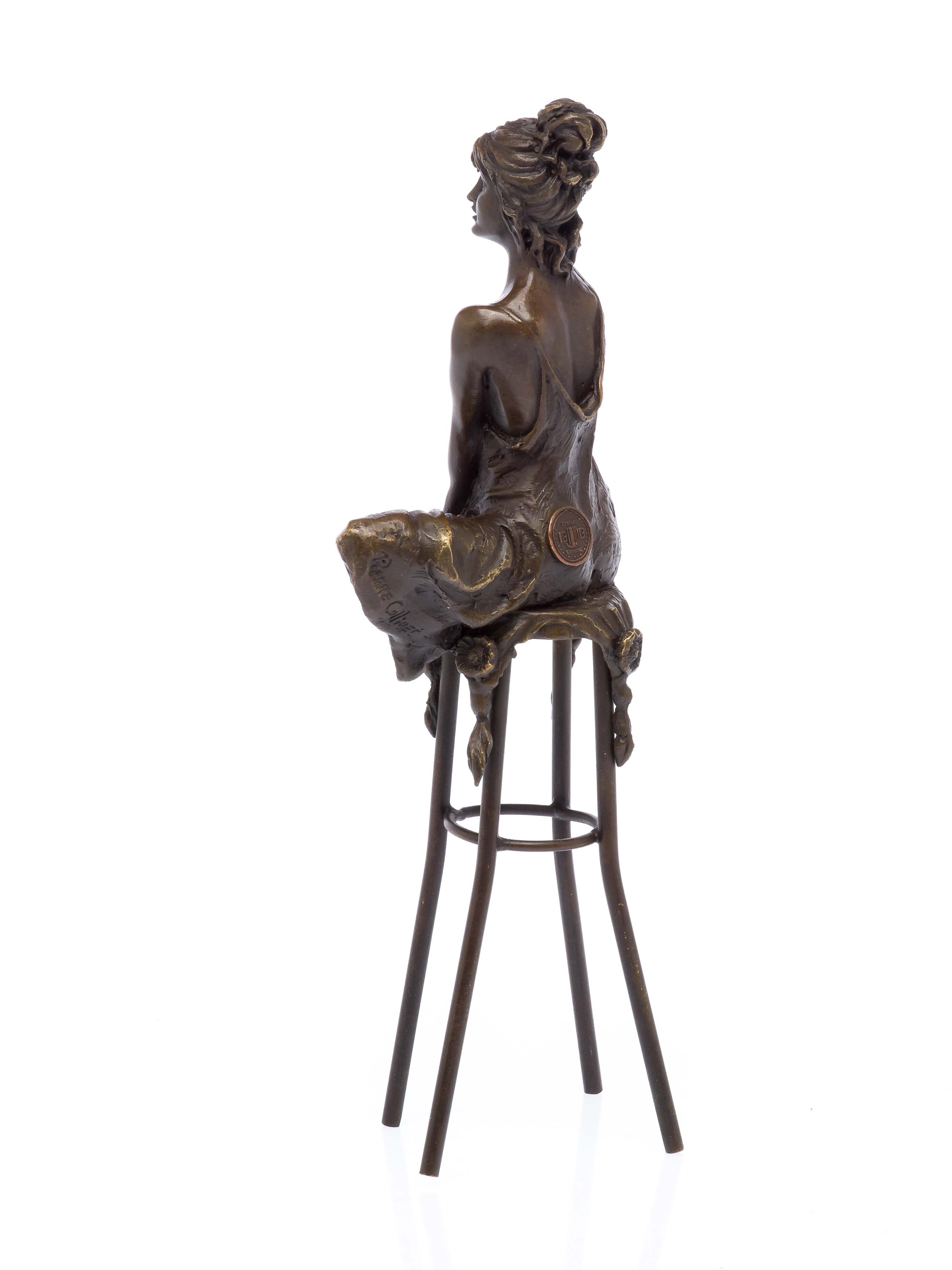 Bronze Figur Bronzeskulptur Statue Sitzende Dame Frau Auf Einem Barstuhl H 27,1 