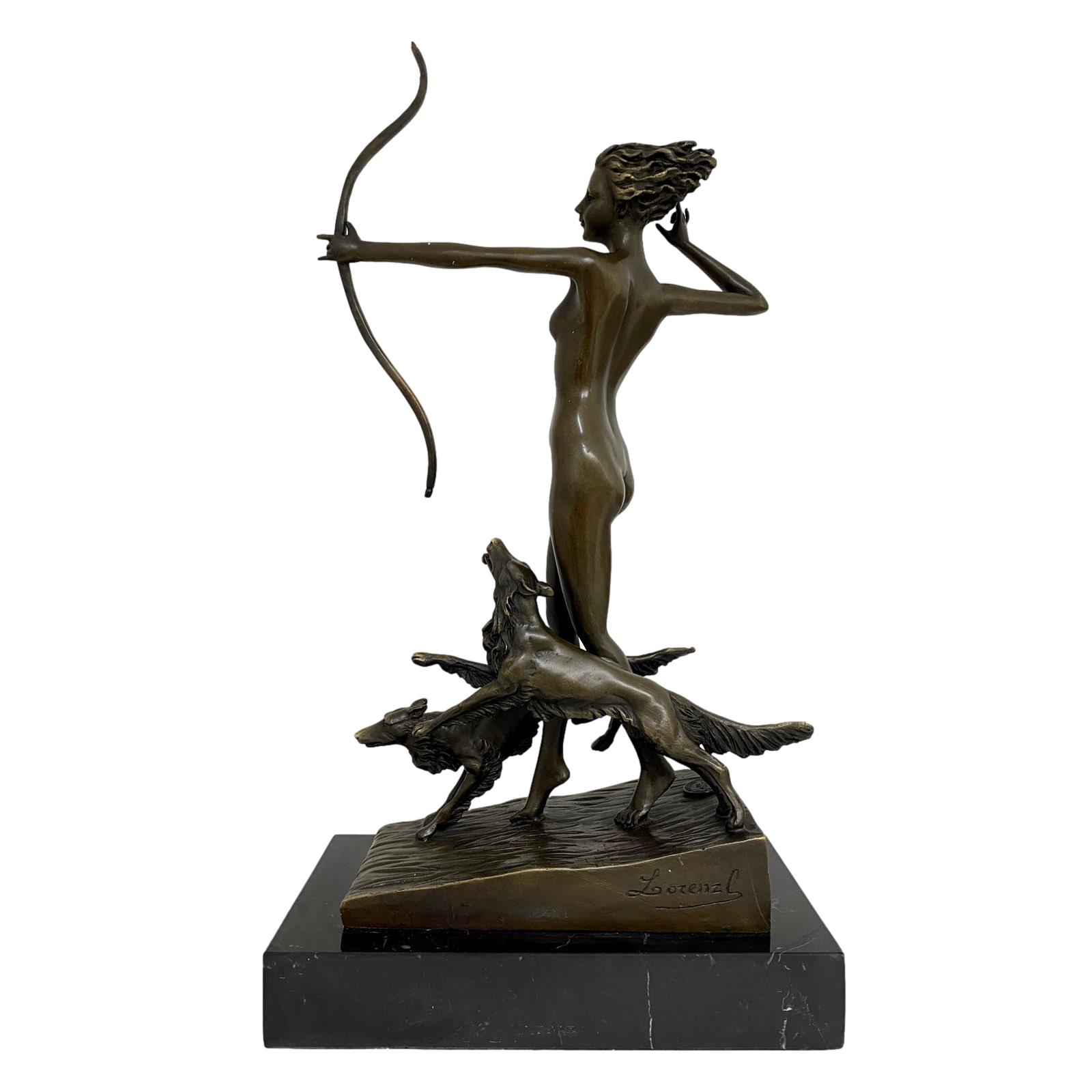Bronzeskulptur Figur Göttin Diana Hund nach Lorenzl Antik-Stil Replik Kopie a 