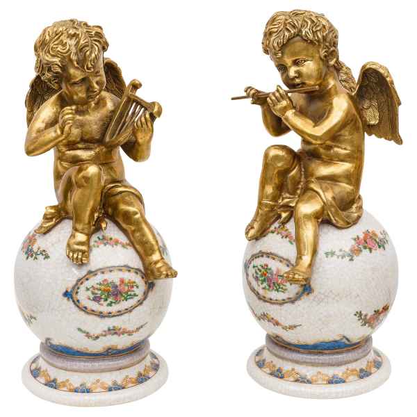 Engel Paar Skulptur Kugel Porzellan Messing Antik-Stil 25cm