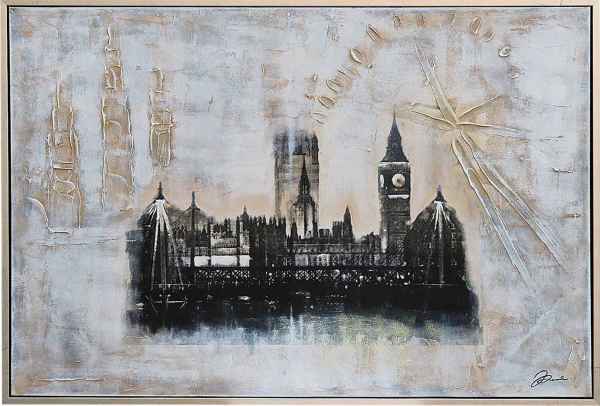 Original Ölgemälde Collage London England Big Ben Gemälde Bild Rahmen 124x84cm