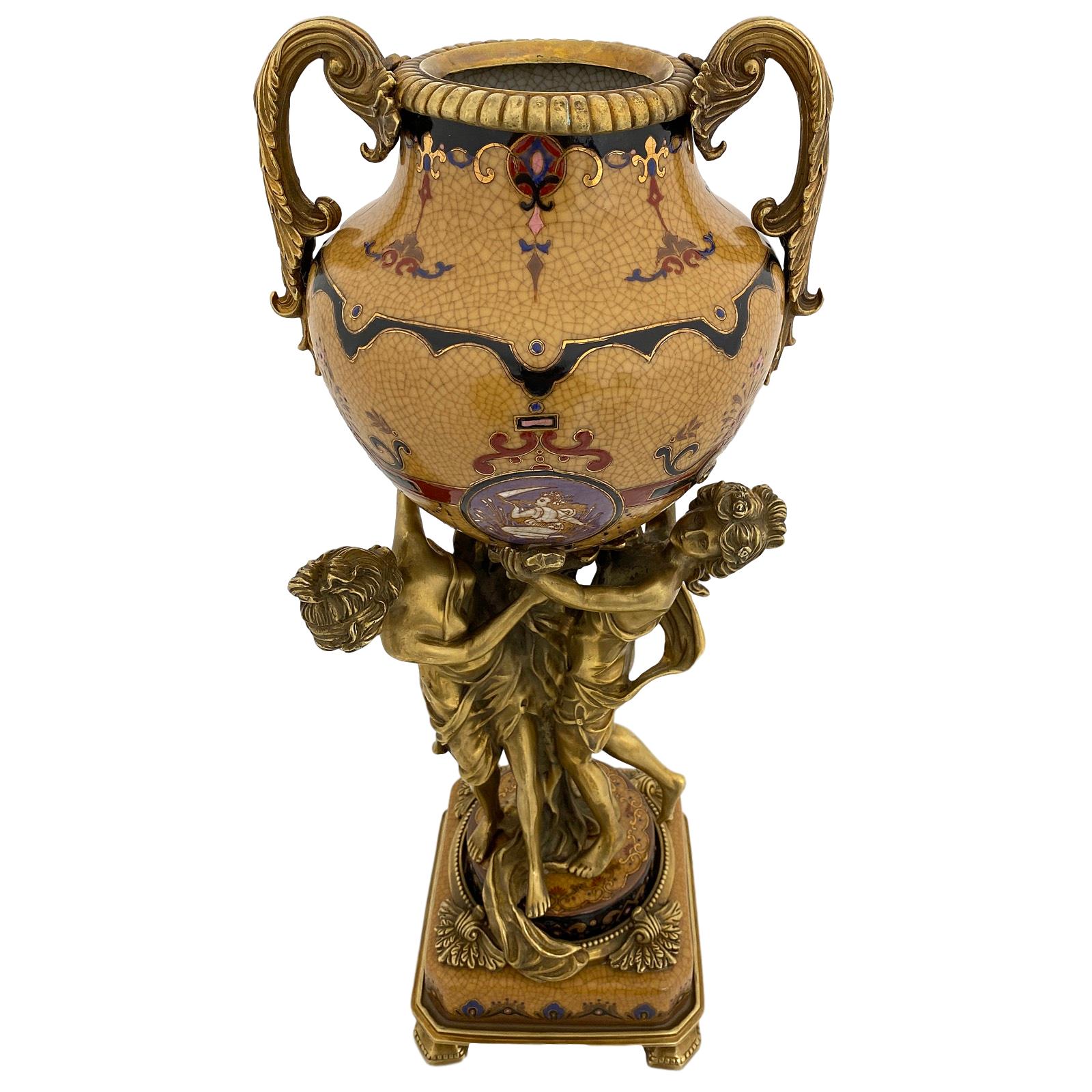 XL Deckelvase Porzellan Bronze Vase Antik Engel Prunkgefäß Amphore Jugendstil 