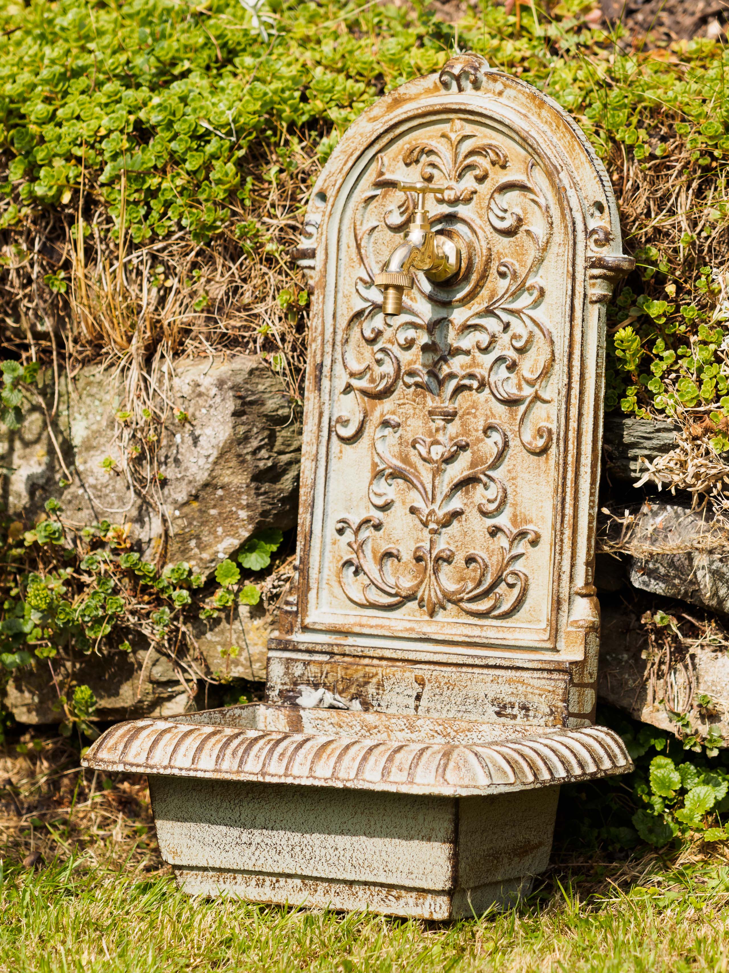 Brunnen 66cm Waschbecken Brunnen Eisen grün Wandbrunnen antik Stil Gartenbrunnen