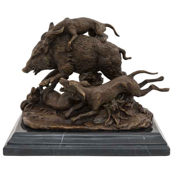 Bronzeskulptur Hund Wildschwein Jagd im Antik-Stil Bronze Figur Statue 23cm