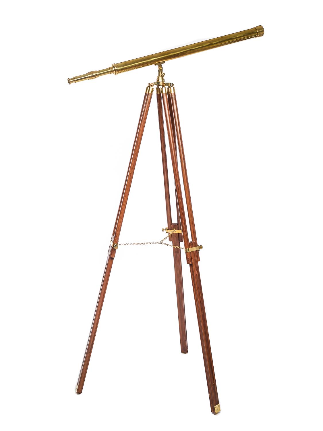 Grande telescopio cannocchiale binocolo in ottone brunito treppiede in legno 150cm stile antico 