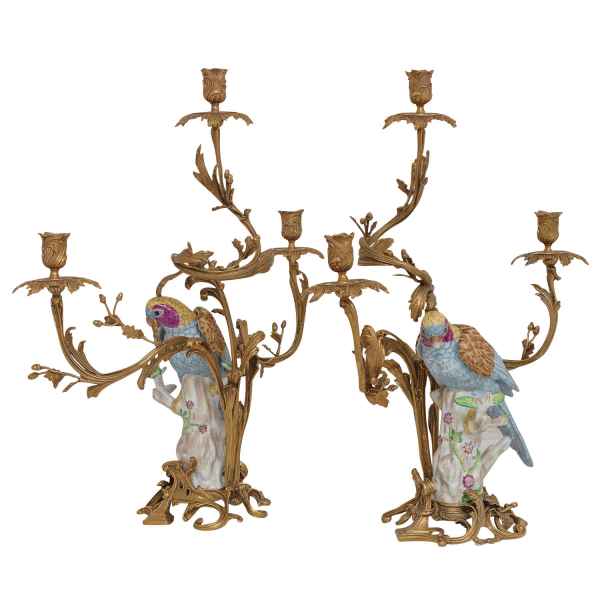 Set 2-teilig Kerzenständer Papagei Kerzenhalter Porzellan Bronze Antik-Stil 62cm