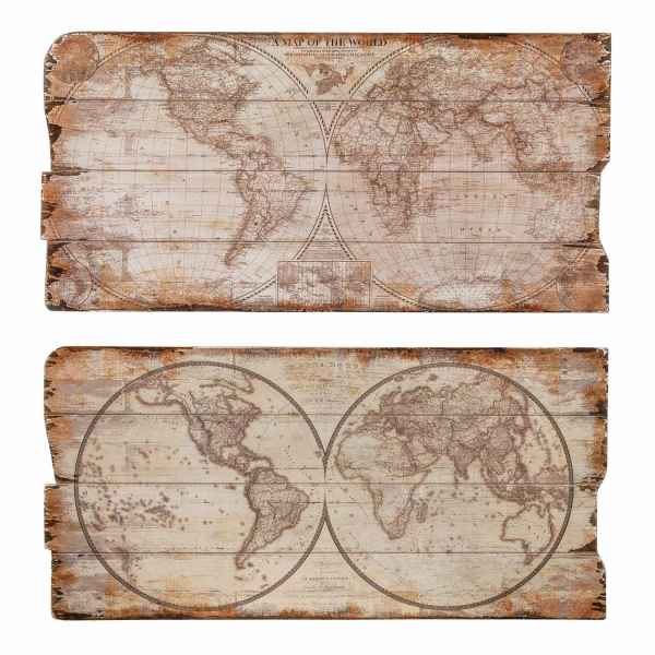 2x Bild Holzbild Wandtafel Landkarte Weltkarte Wandbild Holz Antik-Stil 80cm