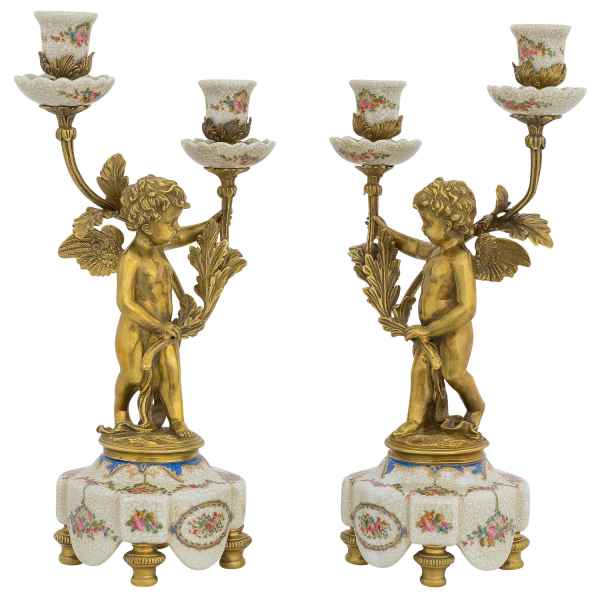 Set 2-teilig Kerzenständer Porzellan Messing Engel Skulptur Antik-Stil 39cm