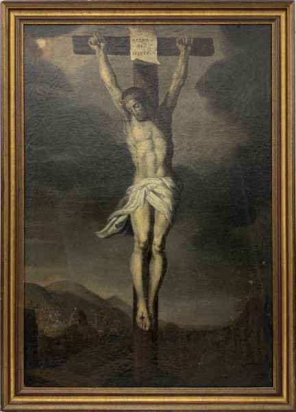 Antik Ölgemälde Christus Jesus am Kreuz Gemälde unsigniert Leinwand doubeliert
