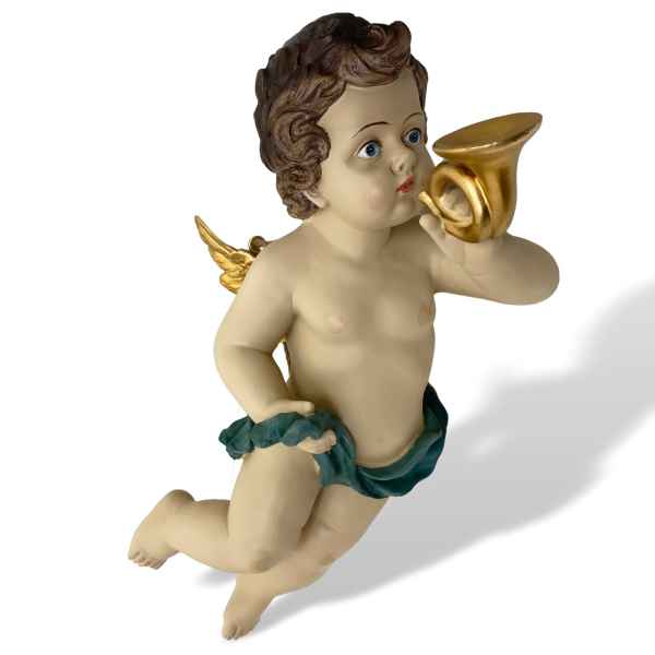 Skulptur Engel Putte zum Aufhängen Figur Trompete Kunststein 43cm Antik-Stil