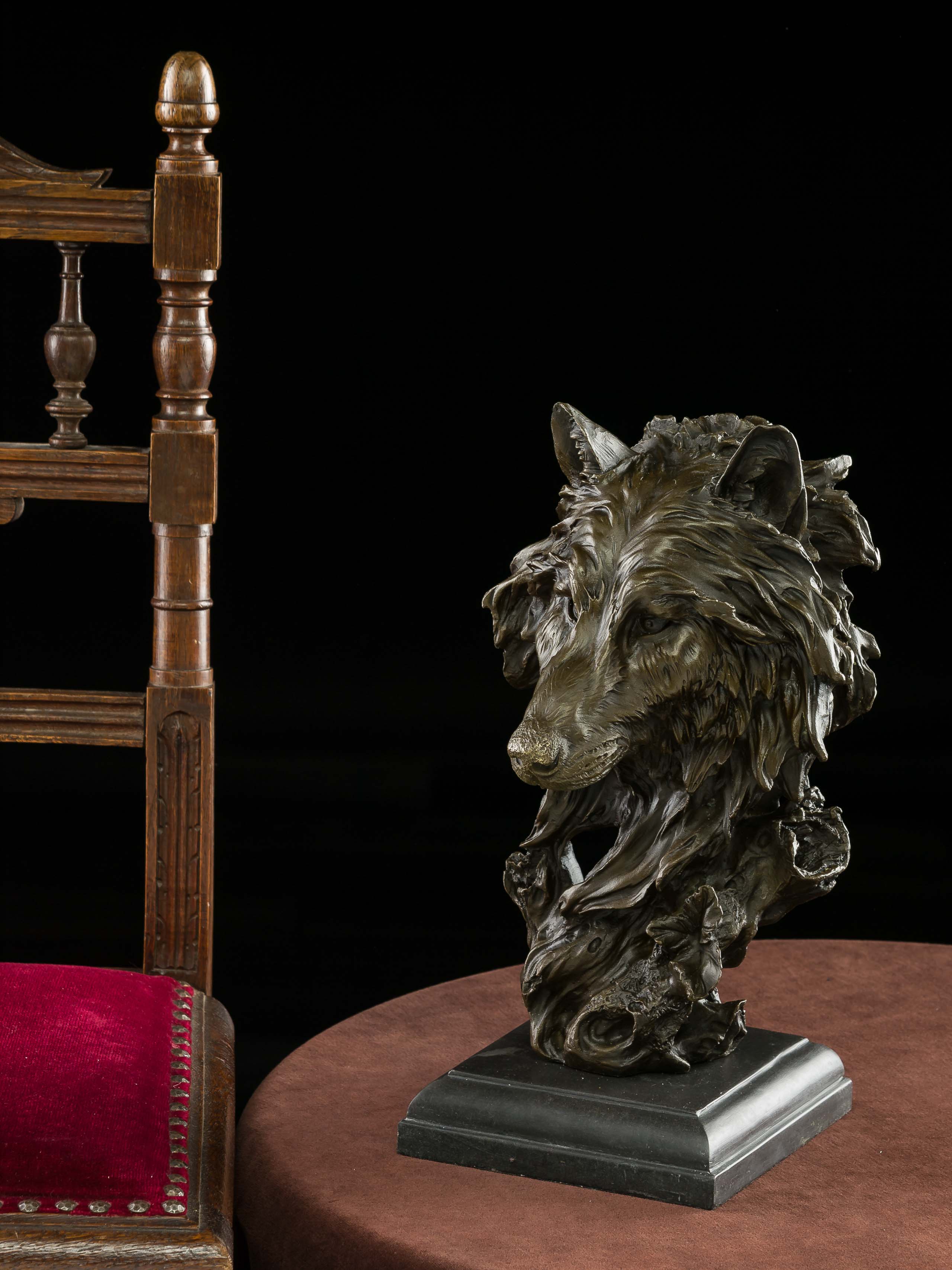 Grande sculpture en bronze à tête de loup Statue de figurine de