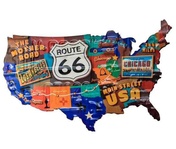 Blechschild Route 66 Karte Amerika USA Los Angeles Chicago Wandschild Antik-Stil