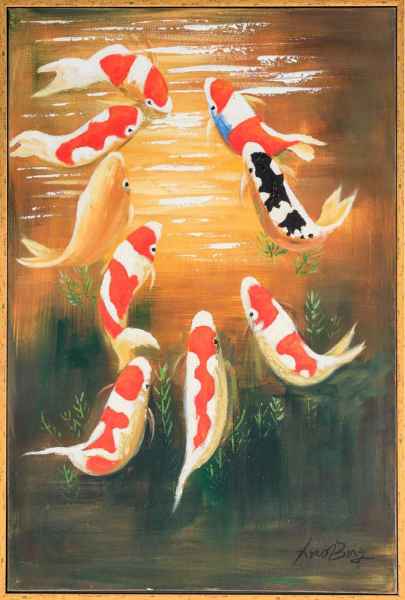 Original Ölgemälde Kois Fische Teich Aquarium Karpfen Koi Gemälde Bild 124x84cm