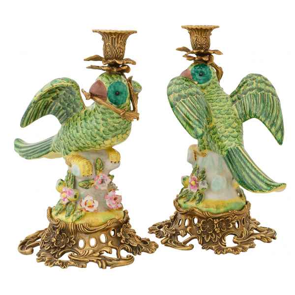 Paar Kerzenhalter Kerzenständer Papagei Porzellan Skulptur Antik-Stil 28cm