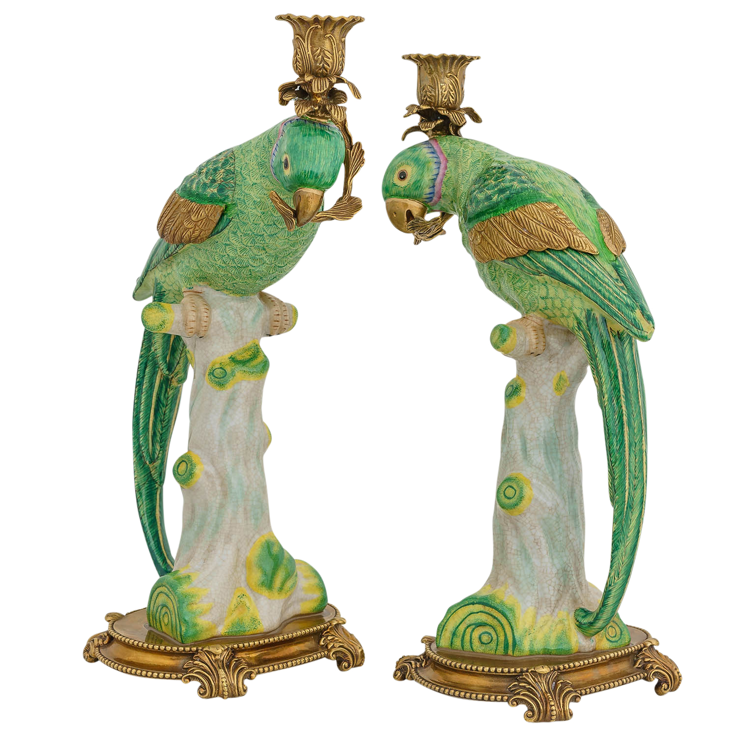 Paar kandelaars kandelaar papegaai porseleinen sculptuur antieke stijl |