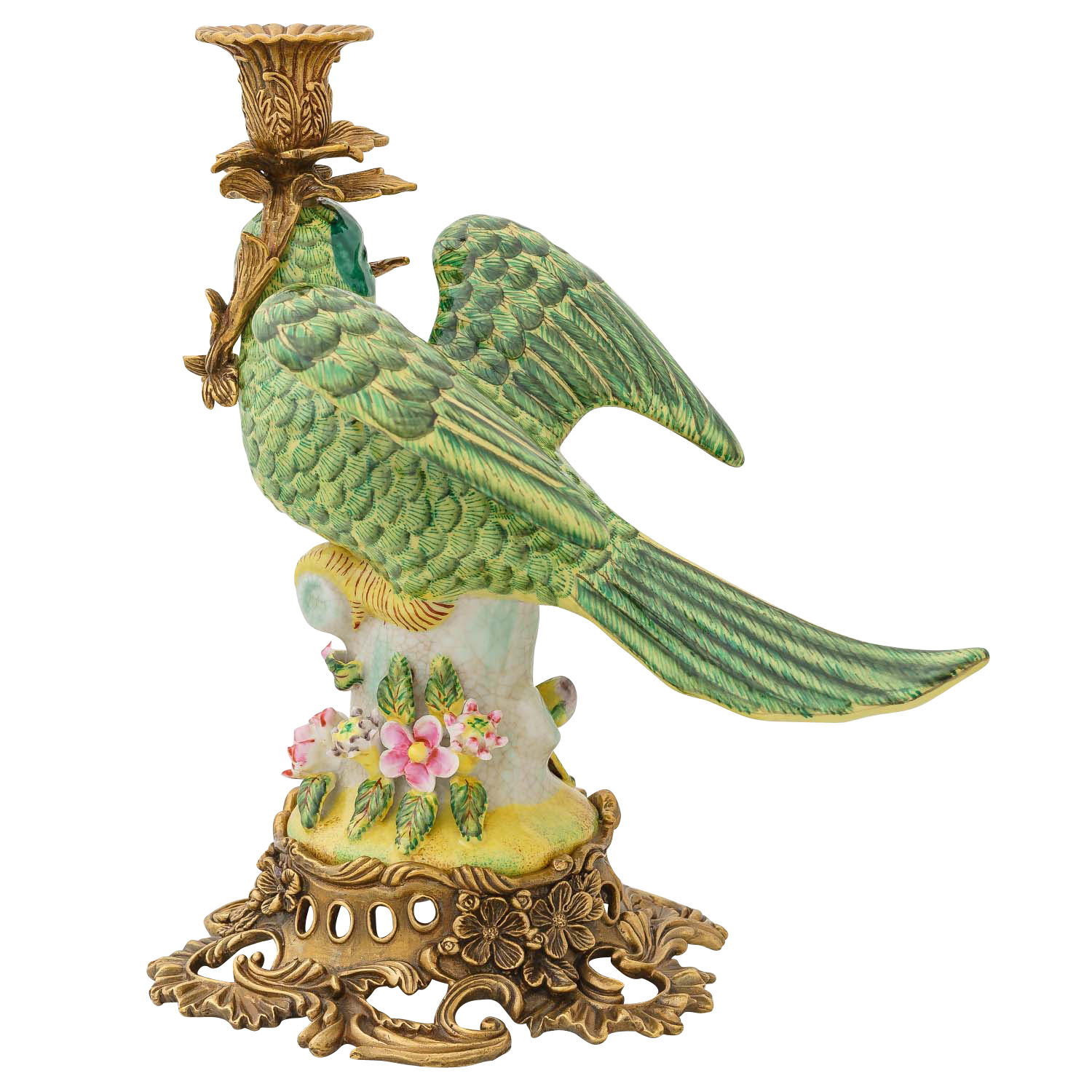 Kerzenständer Papagei Vogel Skulptur Porzellan Messing Antik-Stil 42cm 