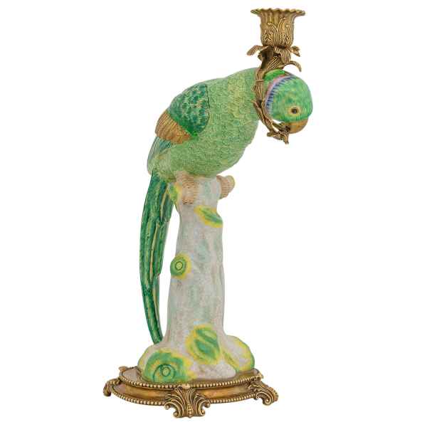 Kerzenständer Papagei Vogel Skulptur Messing Porzellan Antik-Stil 42cm