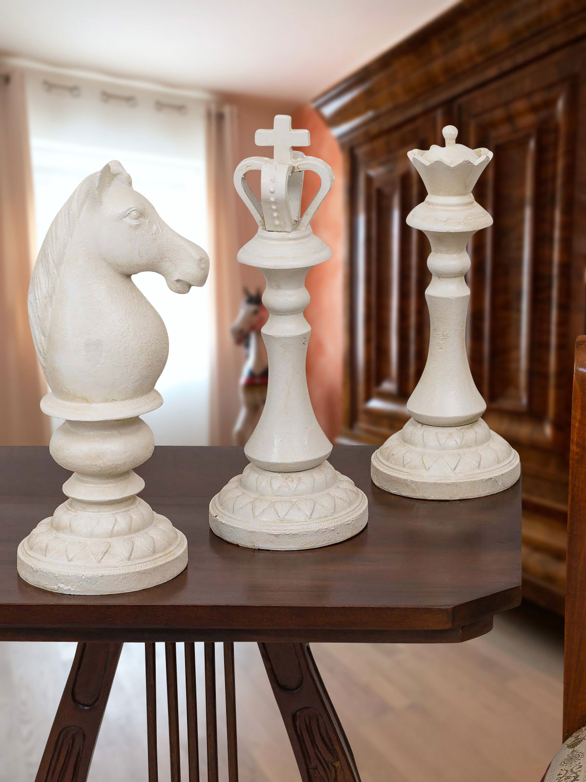 34cm white aubaho Chess pieces horse queen king iron chess figures antique style
