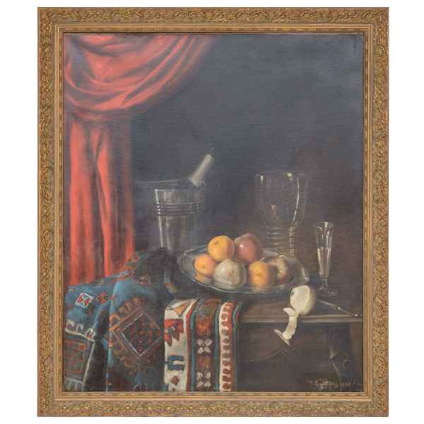 Ölgemälde Gemälde von Barby datiert 1898 Stillleben Champagner Obst Kazak