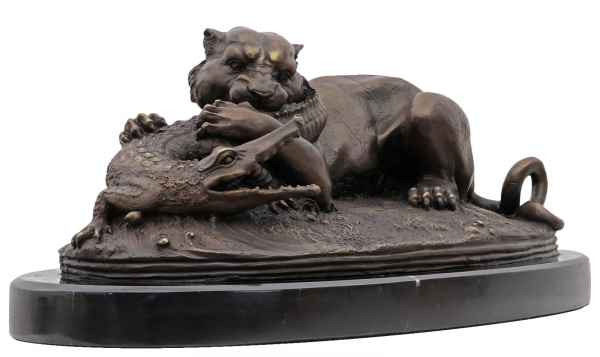 Bronzeskulptur Tiger Gavial Krokodil im Antik-Stil Bronze Figur Statue 42cm