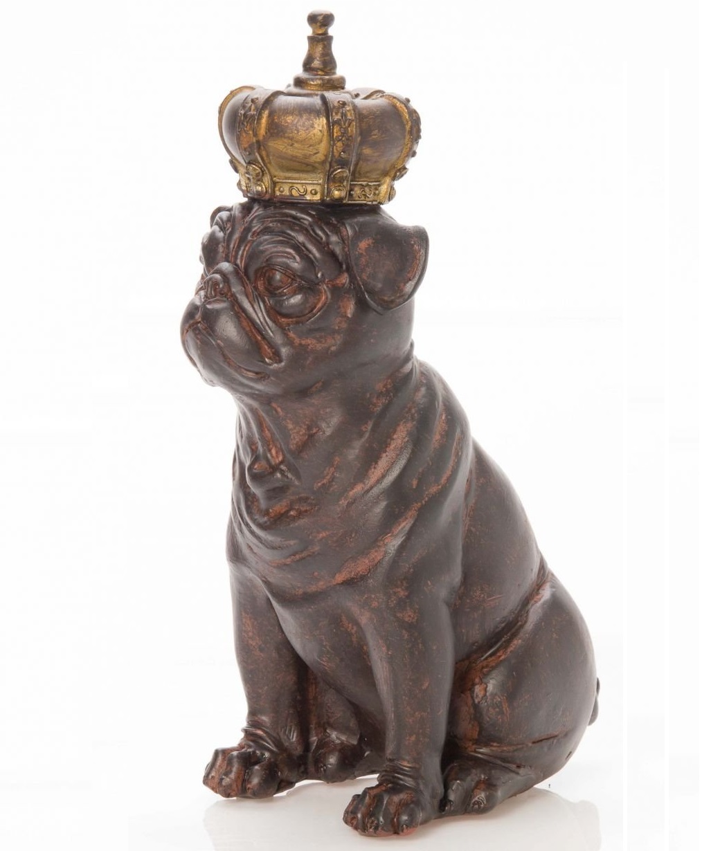 Skulptur Hund Mops mit Krone 22cm Antik-Stil Figur kleiner Prinz