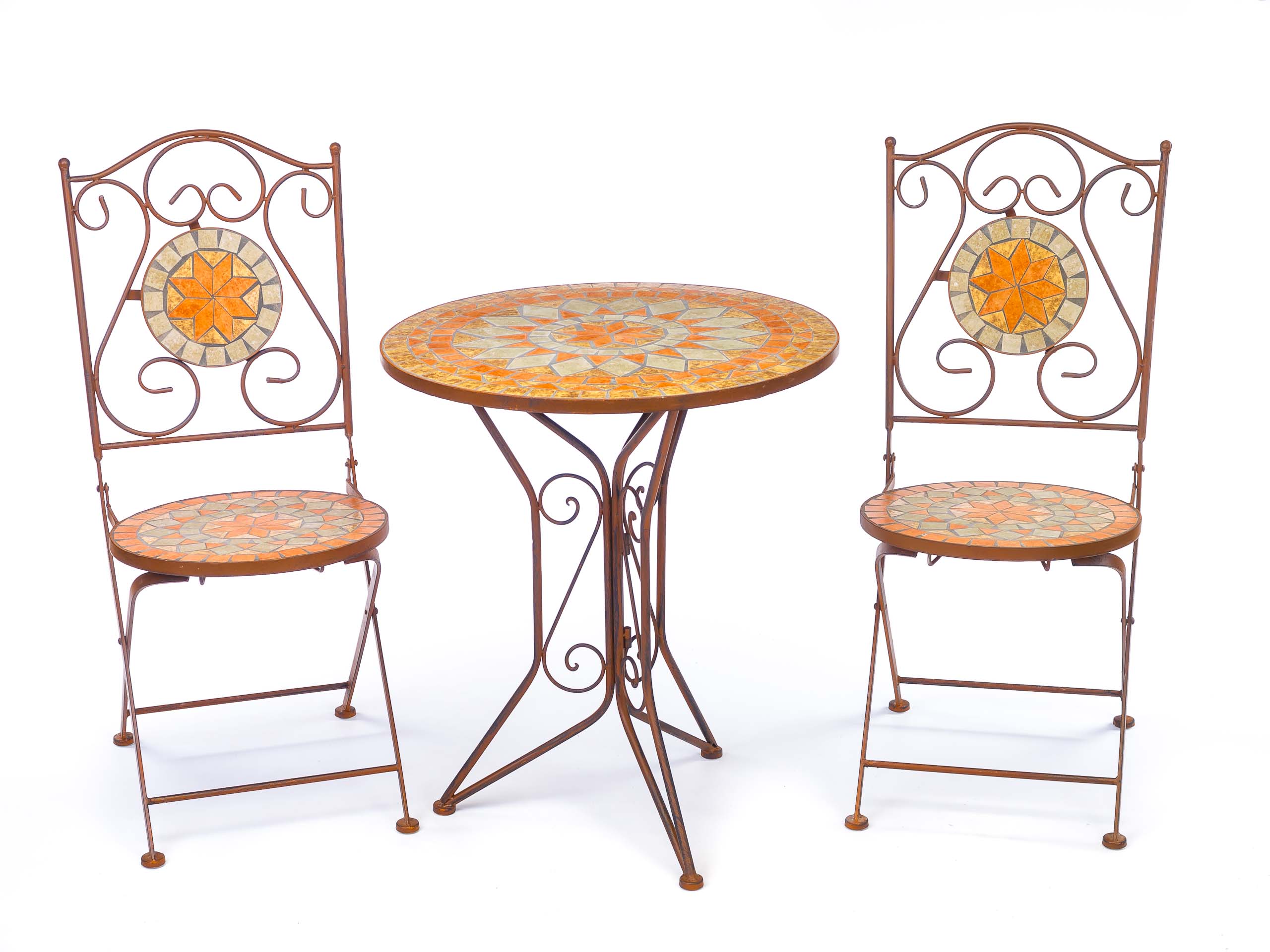 Garnitur Gartentisch 2 Stühle Eisen Fliesen Mosaik Garten Tisch Stuhl antik Stil 