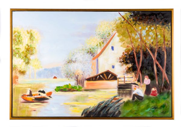 Original Gemälde Ölgemälde Bild Haus am See mit Rahmen modern 124cm