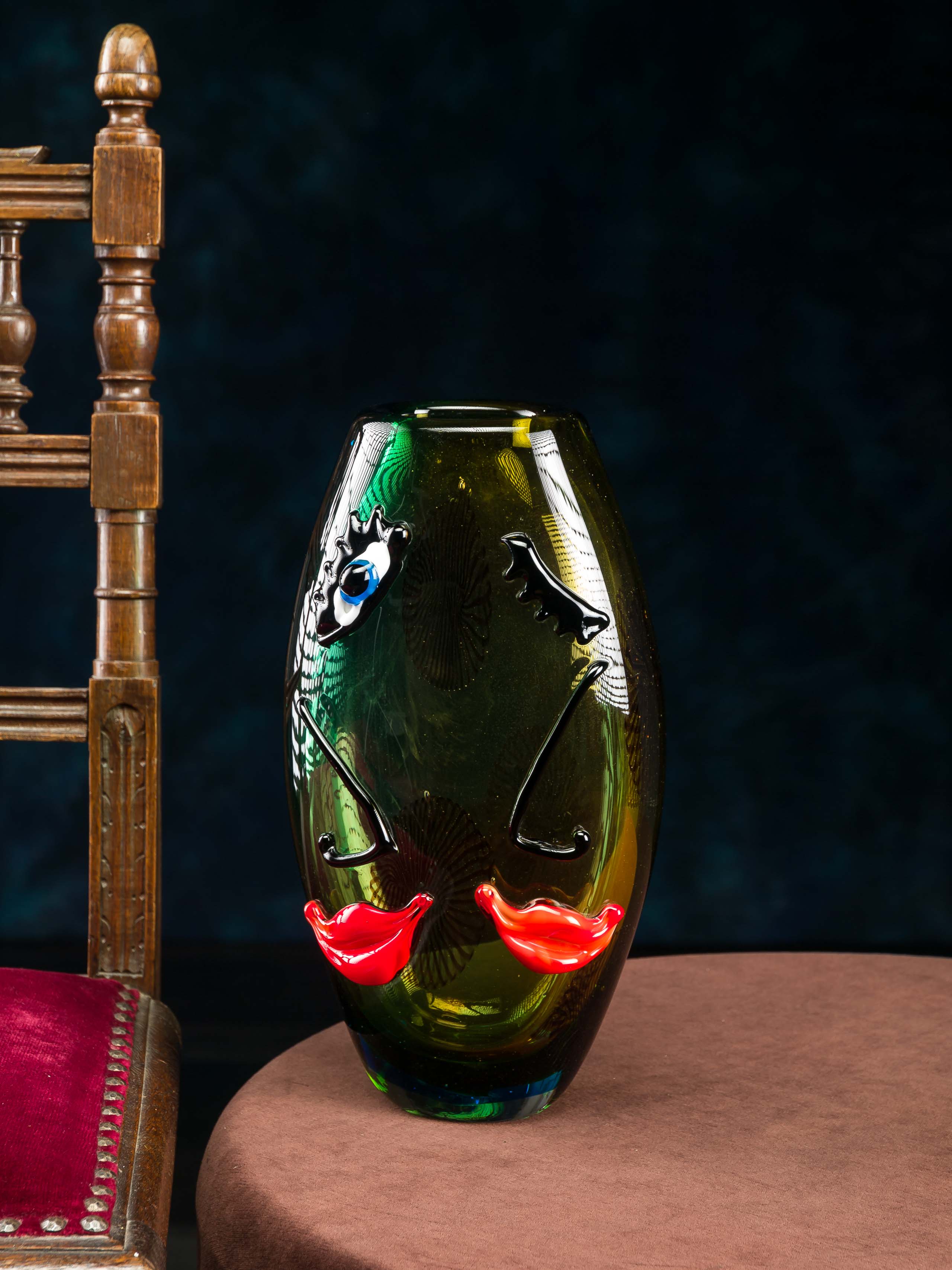 Glasvase Tischvase Gesicht moderne Kunst im Murano Stil Vase Blumenvase Glas 