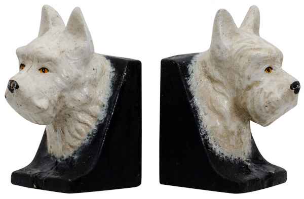 2 Buchstützen Buchständer Scottish Terrier Hund Kopf Figur Eisen 13cm Antik-Stil
