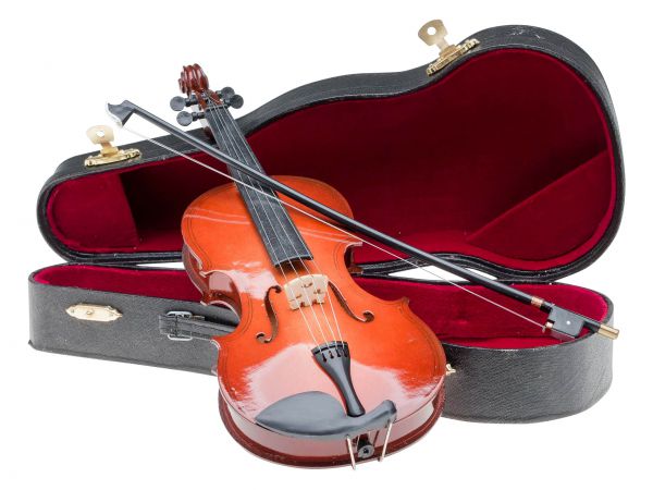 Miniatur Geige Violine mit Bogen und Koffer zur Dekoration im antik Stil