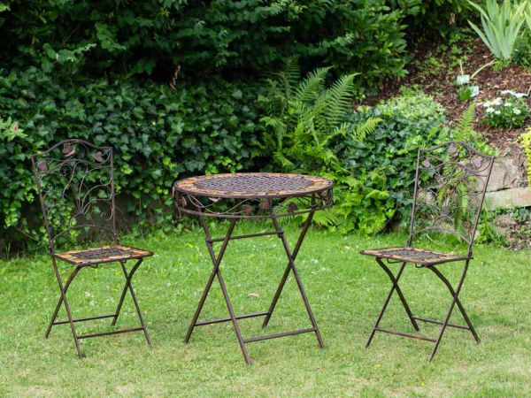 Gartentisch und 2 Stühle Eisen Schmiedeeisen antik Stil Gartenmöbel braun Stein