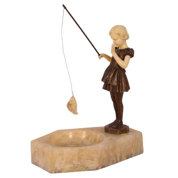 Bronze Skulptur antik Stil nach Ferdinand Preiss Angel Fisch angeln fishing girl