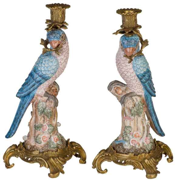 Kerzenhalter Kerzenständer Papagei Porzellan Skulptur Antik-Stil Paar